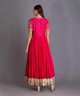Hot Pink Anarkali With Intricate Artwork & Embellished Bird Motifs 3