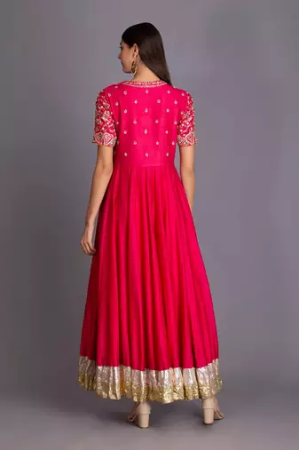 Hot Pink Anarkali With Intricate Artwork & Embellished Bird Motifs