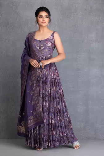 Heirloom Lilac Georgette Printed Anarkali Highlight Of Sequin And Katdana Clubbed