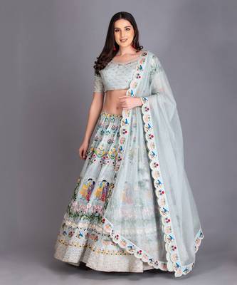 Inspired From Pichawi Paintings Is This Beautiful Ice Blue Lehenga In Resham Work With Organza Dupatta & Cutwork Details 1