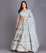 Inspired From Pichawi Paintings Is This Beautiful Ice Blue Lehenga In Resham Work With Organza Dupatta & Cutwork Details
