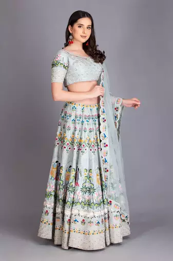 Inspired From Pichawi Paintings Is This Beautiful Ice Blue Lehenga In Resham Work With Organza Dupatta & Cutwork Details