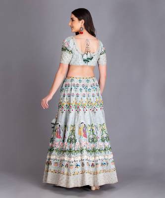 Inspired From Pichawi Paintings Is This Beautiful Ice Blue Lehenga In Resham Work With Organza Dupatta & Cutwork Details 3