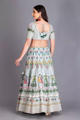 Inspired From Pichawi Paintings Is This Beautiful Ice Blue Lehenga In Resham Work With Organza Dupatta & Cutwork Details