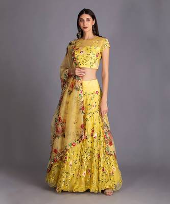 Look Vibrant In This Beautiful Floral Jasmine Yellow Lehenga Set With Printed Dupatta 1