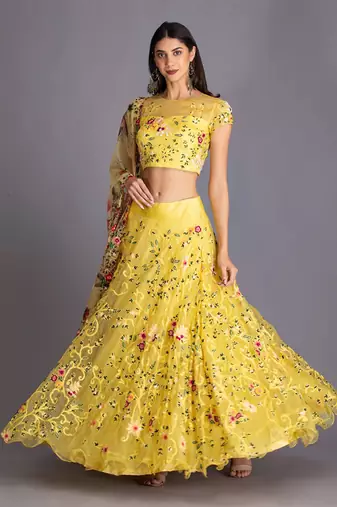 Look Vibrant In This Beautiful Floral Jasmine Yellow Lehenga Set With Printed Dupatta