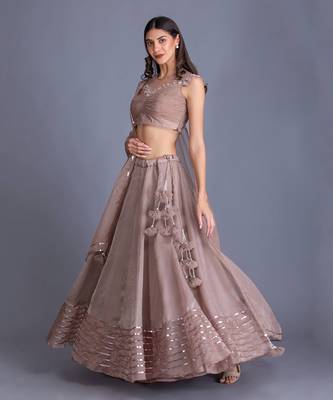 Look Chic & Minimal In Our Champange Gold Lehnga With Ruching Details At The Blouse And Sequin Stripes At The Bottom 2