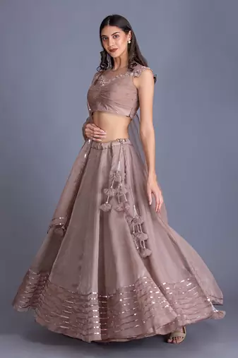 Look Chic & Minimal In Our Champange Gold Lehnga With Ruching Details At The Blouse And Sequin Stripes At The Bottom