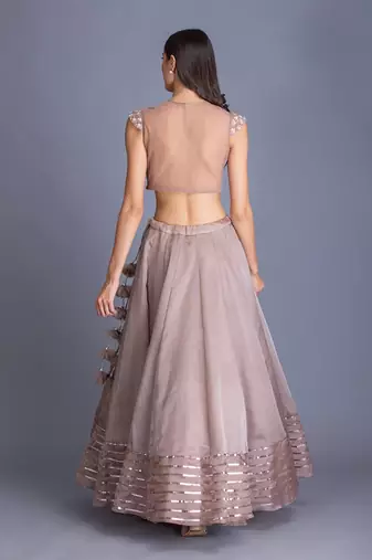 Look Chic & Minimal In Our Champange Gold Lehnga With Ruching Details At The Blouse And Sequin Stripes At The Bottom