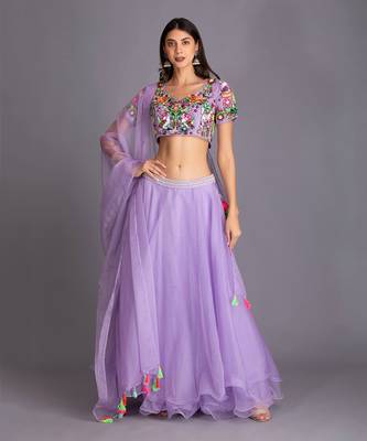 Stand Out In This Pop Colour Lilac Lehenga With Multicolour Neon Bead Work Embroidery On Blouse And Dupatta 1
