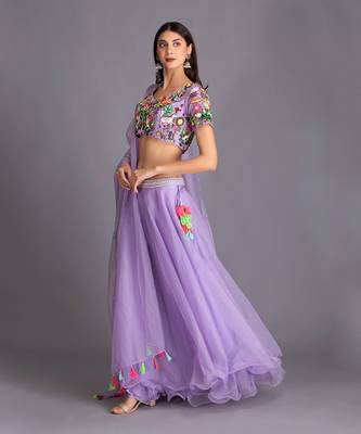 Stand Out In This Pop Colour Lilac Lehenga With Multicolour Neon Bead Work Embroidery On Blouse And Dupatta 2