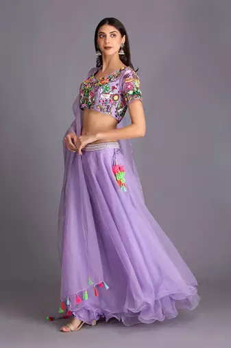 Stand Out In This Pop Colour Lilac Lehenga With Multicolour Neon Bead Work Embroidery On Blouse And Dupatta