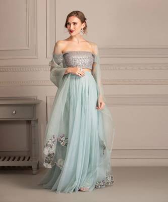 Ice Blue Lehenga With Mirror Work Blouse Clubbed With Organza Cutwork Dupatta 1