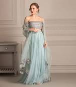 Ice Blue Lehenga With Mirror Work Blouse Clubbed With Organza Cutwork Dupatta