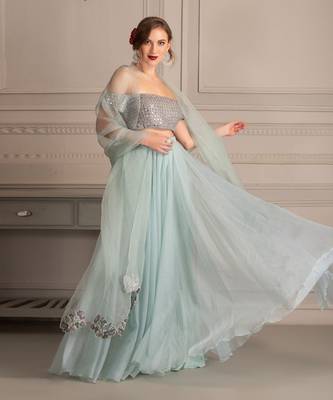 Ice Blue Lehenga With Mirror Work Blouse Clubbed With Organza Cutwork Dupatta 2