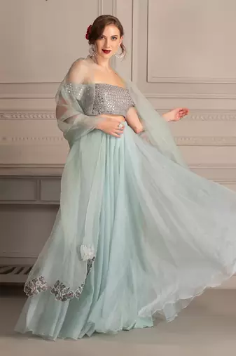 Ice Blue Lehenga With Mirror Work Blouse Clubbed With Organza Cutwork Dupatta