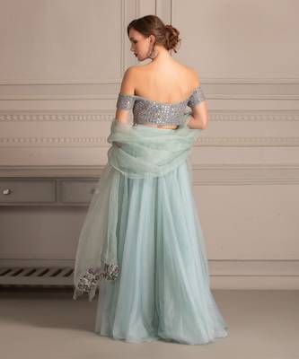 Ice Blue Lehenga With Mirror Work Blouse Clubbed With Organza Cutwork Dupatta 3