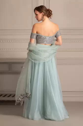 Ice Blue Lehenga With Mirror Work Blouse Clubbed With Organza Cutwork Dupatta