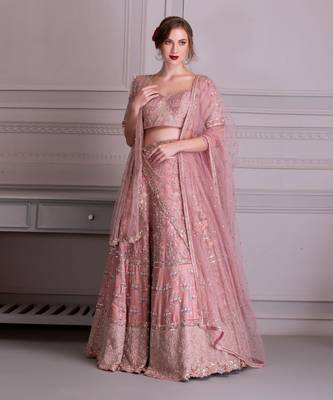 Rose Pink Bridal Lehenga In Hand Work Of Dabka With Bird Motifs 1