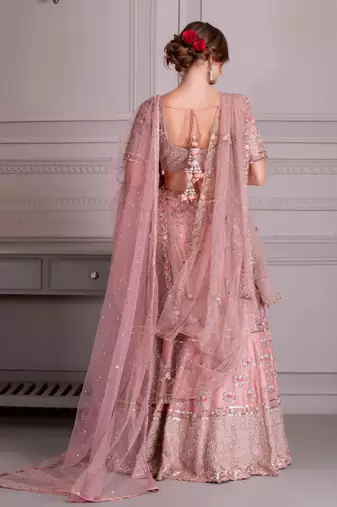 Rose Pink Bridal Lehenga In Hand Work Of Dabka With Bird Motifs
