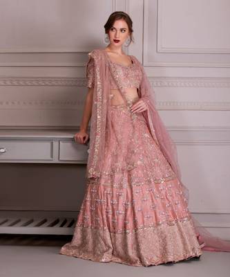 Rose Pink Bridal Lehenga In Hand Work Of Dabka With Bird Motifs 3