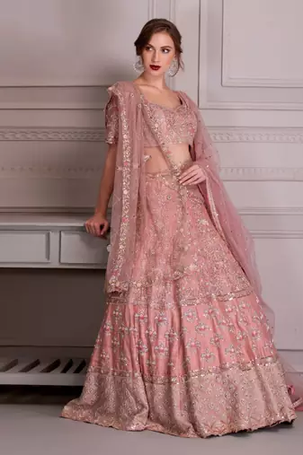 Rose Pink Bridal Lehenga In Hand Work Of Dabka With Bird Motifs
