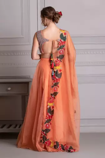 Tropical Orange Lehenga With Mirror Work Blouse Clubbed With Cut Work Multi Color Dupatta