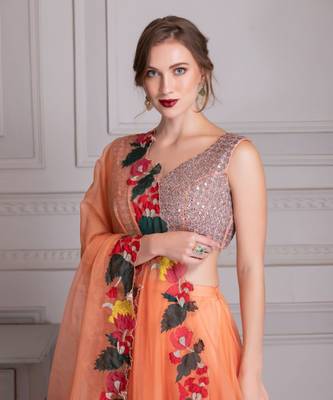 Tropical Orange Lehenga With Mirror Work Blouse Clubbed With Cut Work Multi Color Dupatta 3