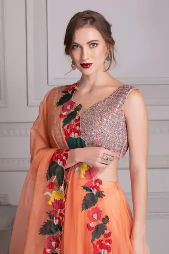 Tropical Orange Lehenga With Mirror Work Blouse Clubbed With Cut Work Multi Color Dupatta
