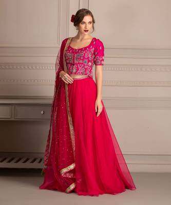Hot Pink Lehenga With Hand Crafted Mirror And Resham Work Blouse With Organza Dupatta 1