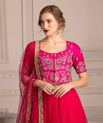 Hot Pink Lehenga With Hand Crafted Mirror And Resham Work Blouse With Organza Dupatta 2