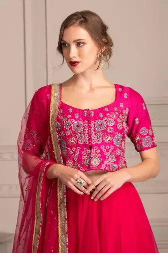 Hot Pink Lehenga With Hand Crafted Mirror And Resham Work Blouse With Organza Dupatta