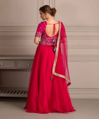 Hot Pink Lehenga With Hand Crafted Mirror And Resham Work Blouse With Organza Dupatta 3