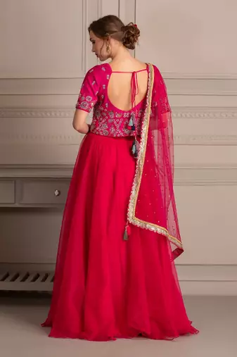 Hot Pink Lehenga With Hand Crafted Mirror And Resham Work Blouse With Organza Dupatta