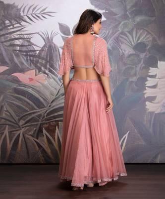 Ash Rose Silk Organza Short Lehenga Clubbed With Blouse In Hand Work Of Metal Sequin & Dabka With Pleat Details 2