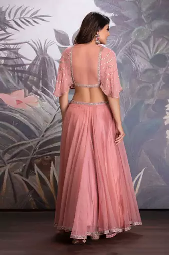 Ash Rose Silk Organza Short Lehenga Clubbed With Blouse In Hand Work Of Metal Sequin & Dabka With Pleat Details