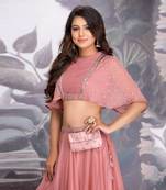 Ash Rose Silk Organza Short Lehenga Clubbed With Blouse In Hand Work Of Metal Sequin & Dabka With Pleat Details