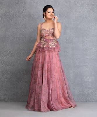 Rose Pink Organza Hand Embroidered Lehenga 1