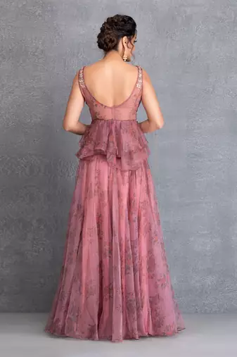 Rose Pink Organza Hand Embroidered Lehenga