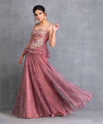Rose Pink Organza Hand Embroidered Lehenga 3