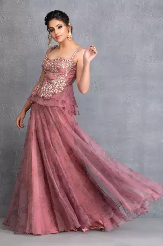 Rose Pink Organza Hand Embroidered Lehenga