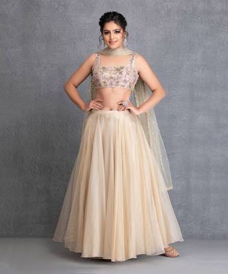 Baize Green Silk Organza Short Lehenga With Resham Work Raw Silk Blouse And Mukaish Work Dupatta. 1