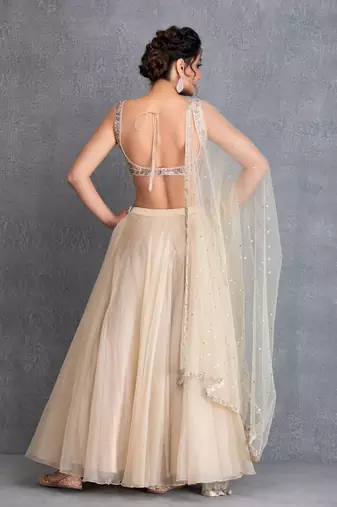 Baize Green Silk Organza Short Lehenga With Resham Work Raw Silk Blouse And Mukaish Work Dupatta.