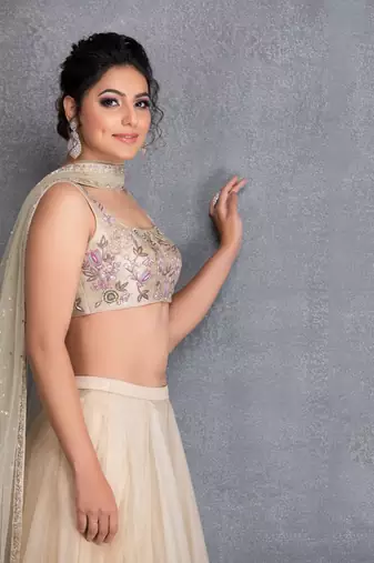 Baize Green Silk Organza Short Lehenga With Resham Work Raw Silk Blouse And Mukaish Work Dupatta.