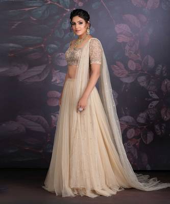 Baize Green Tuelle Lehenga With Back Trail Clubbed With Hand Embroidered Zardozi Work Blouse And Drapped Dupatta. 1