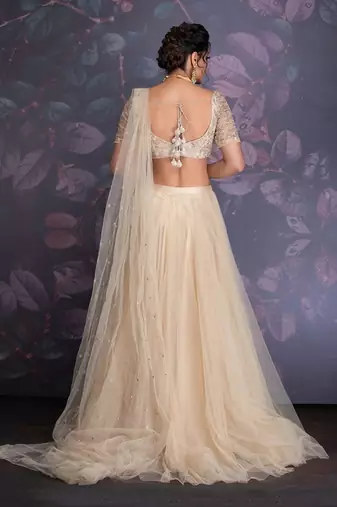 Baize Green Tuelle Lehenga With Back Trail Clubbed With Hand Embroidered Zardozi Work Blouse And Drapped Dupatta.
