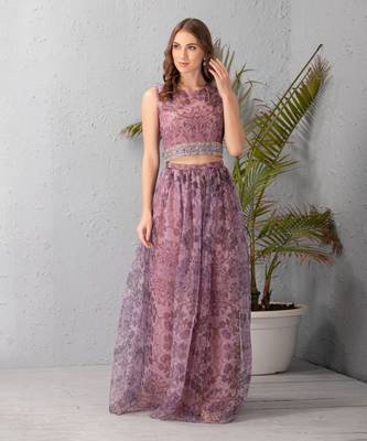 Mauve Chalk Floor Skirt & Top With Sequin & Mirror Work Detail 1