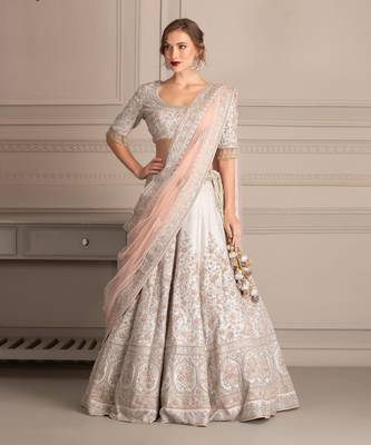 Grey Lehenga With Dabka Work  & Contrast Tuelle Dupatta 1