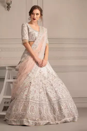 Grey Lehenga With Dabka Work  & Contrast Tuelle Dupatta