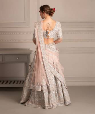 Grey Lehenga With Dabka Work  & Contrast Tuelle Dupatta 3